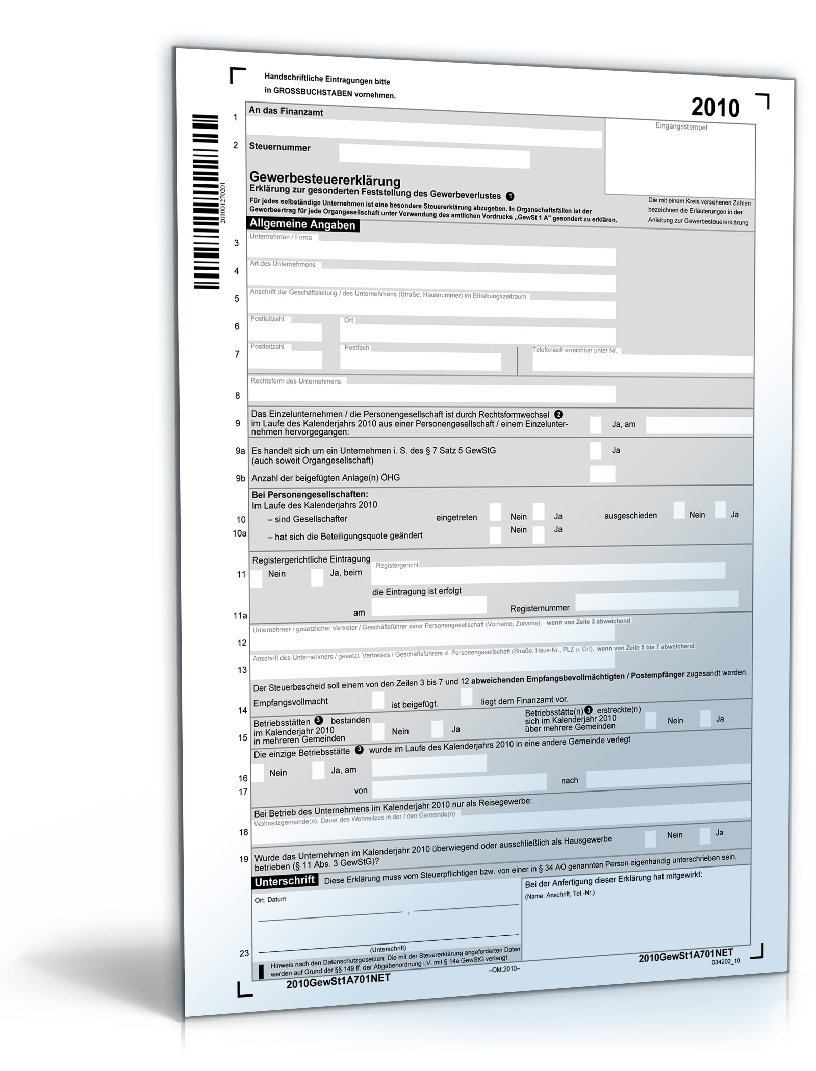 Gewerbesteuererklärung 2010 Dokument zum Download