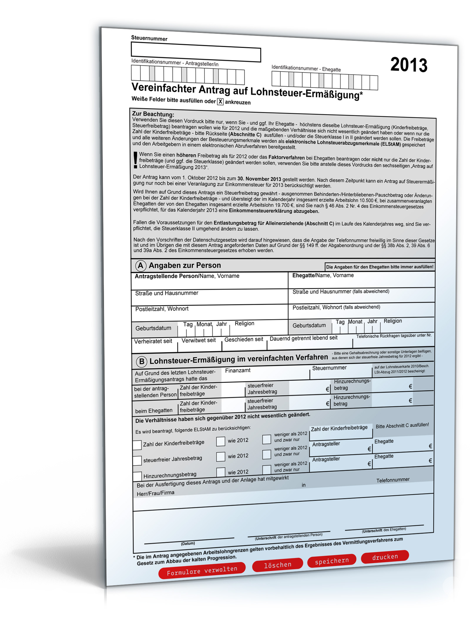 Vereinfachter Antrag auf Lohnsteuer-Ermässigung 2013 Dokument zum Download