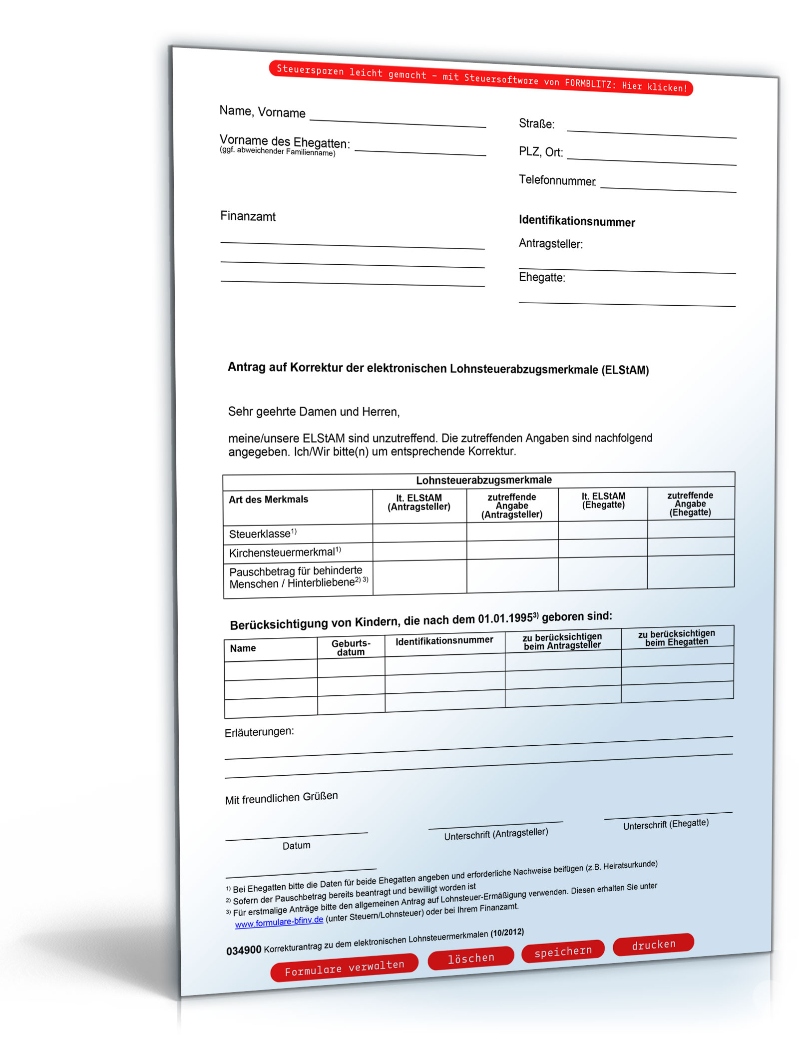 Antrag auf Korrektur der elektronischen Lohnsteuerabzugsmerkmale (ELStAM) Dokument zum Download