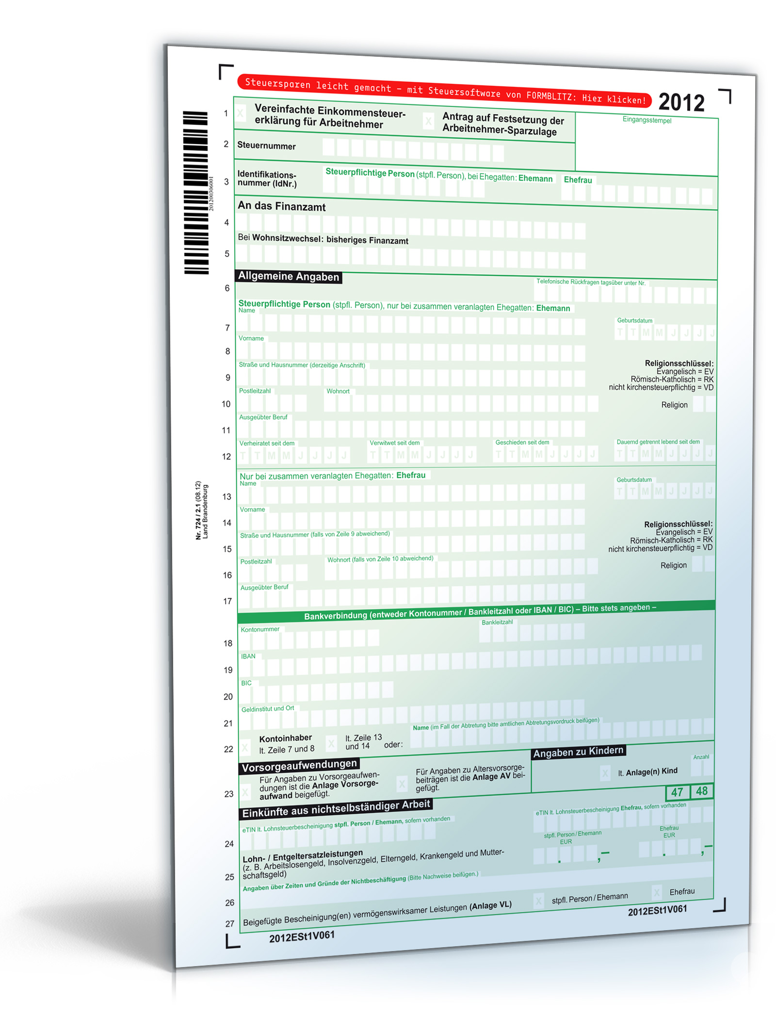 Vereinfachte Einkommensteuererklärung 2012 Dokument zum Download