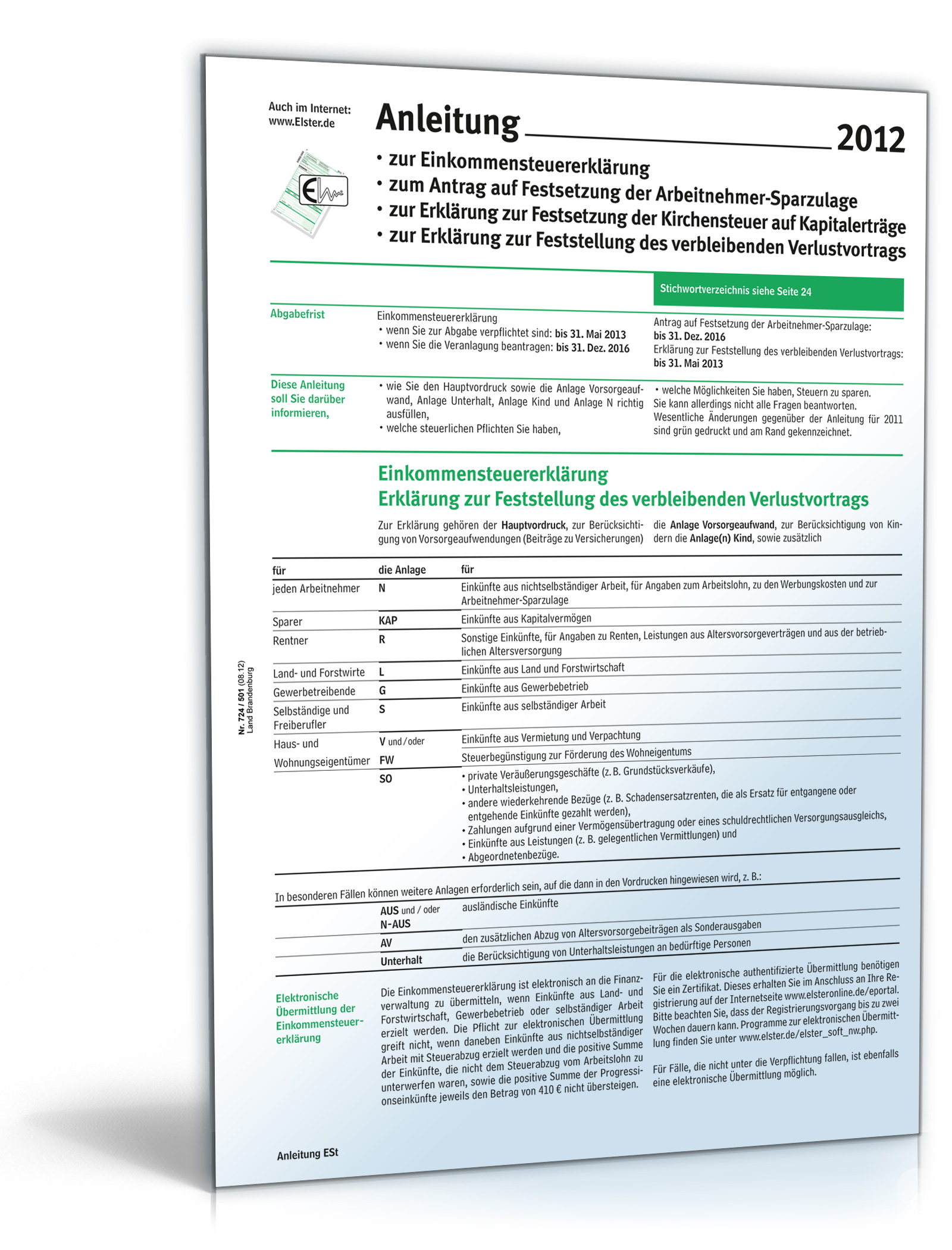 Anleitung zur Einkommensteuererklärung 2012 Dokument zum Download