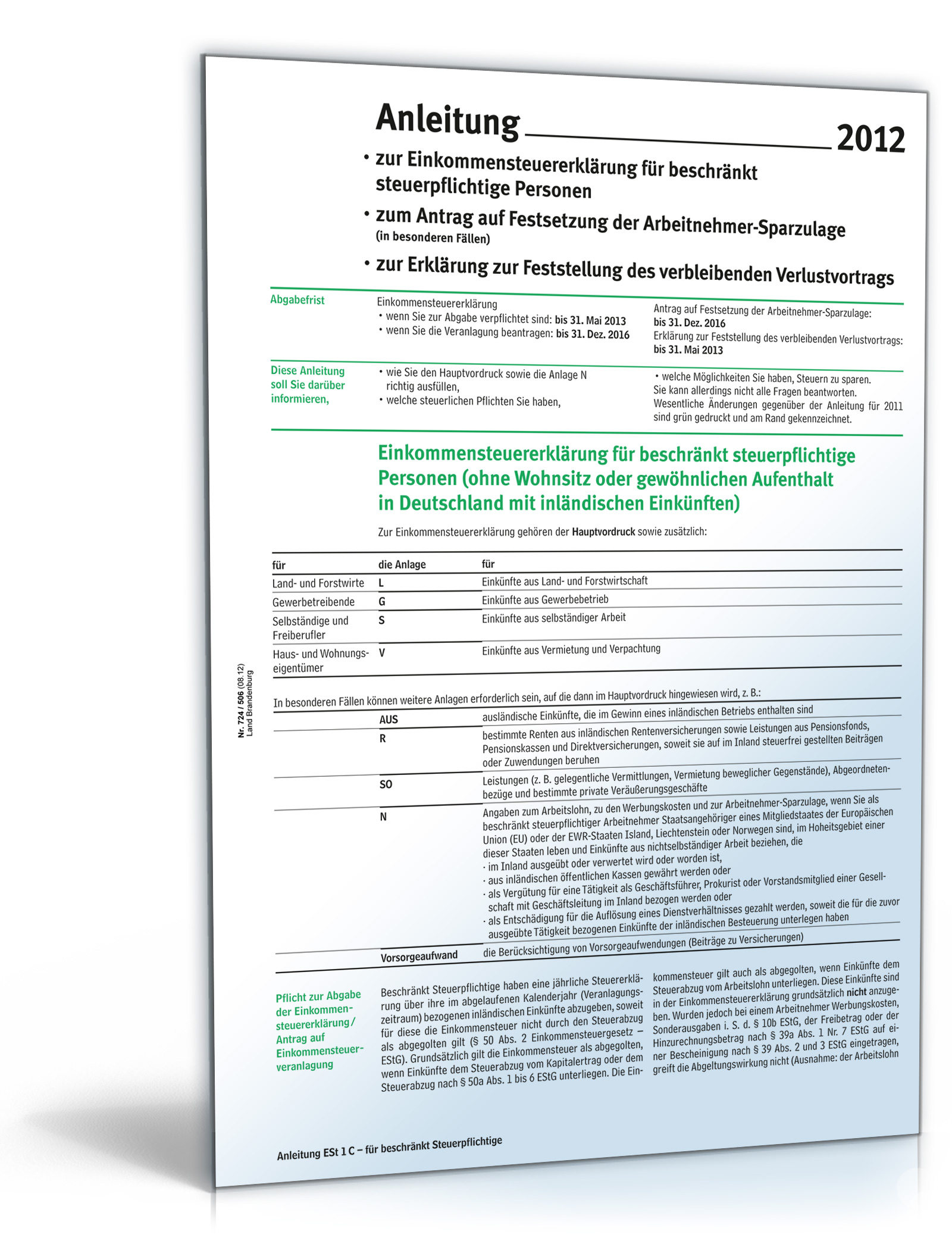 Anleitung zur Einkommensteuererklärung 2012 Dokument zum Download