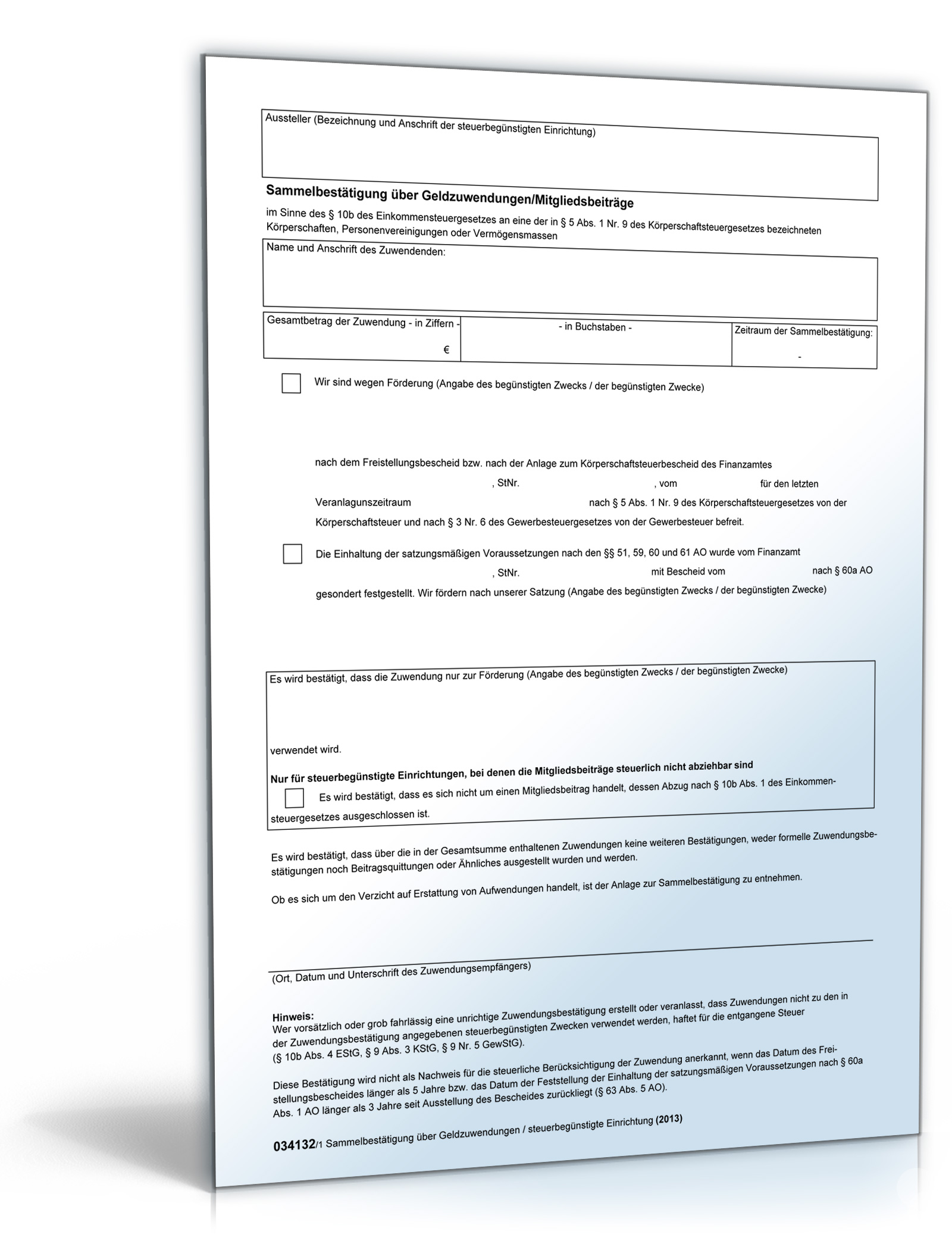 Sammelbestätigung über Geldzuwendungen/Mitgliedsbeiträge Dokument zum Download