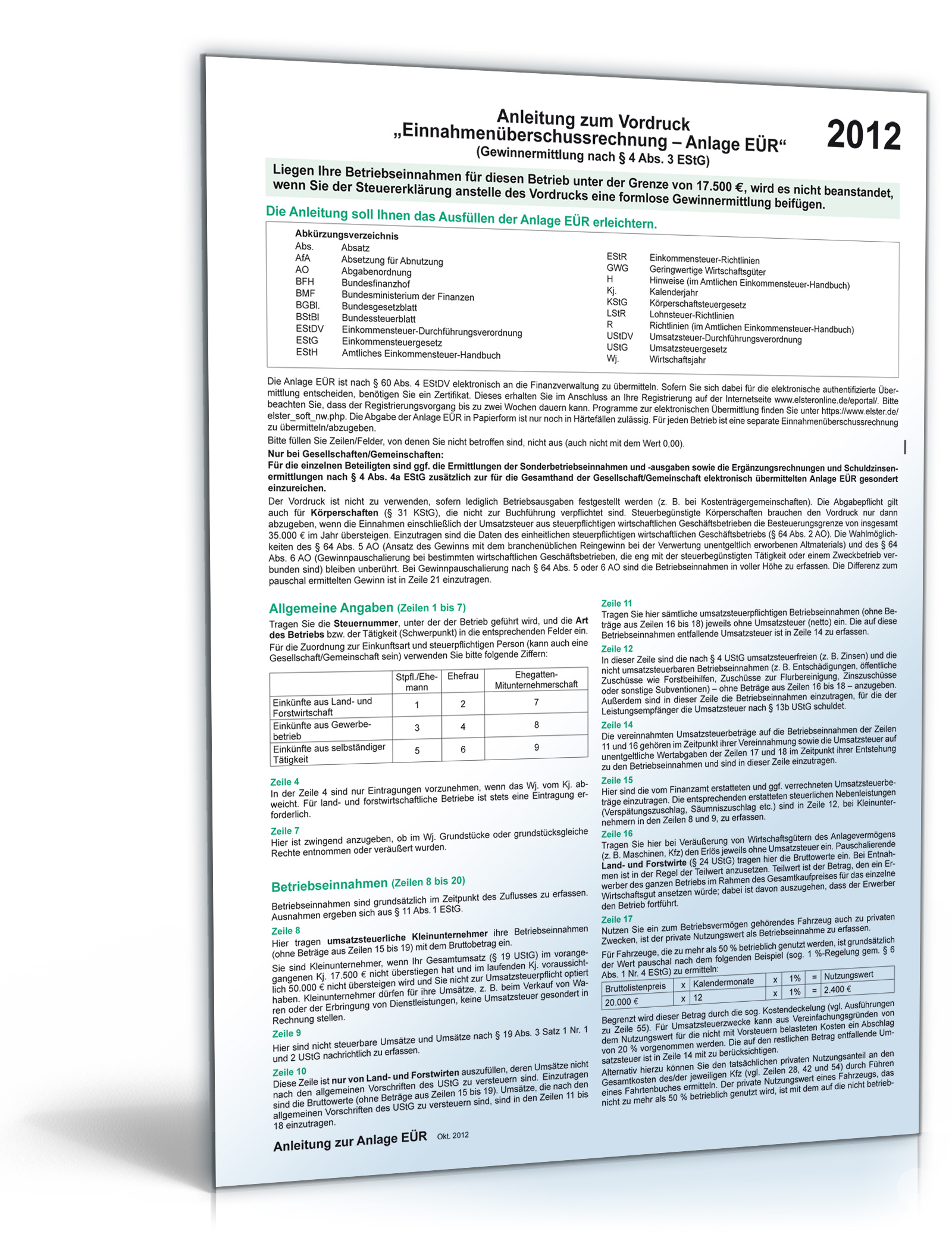 Anleitung Einnahme-Überschuss-Rechnung 2012 Dokument zum Download