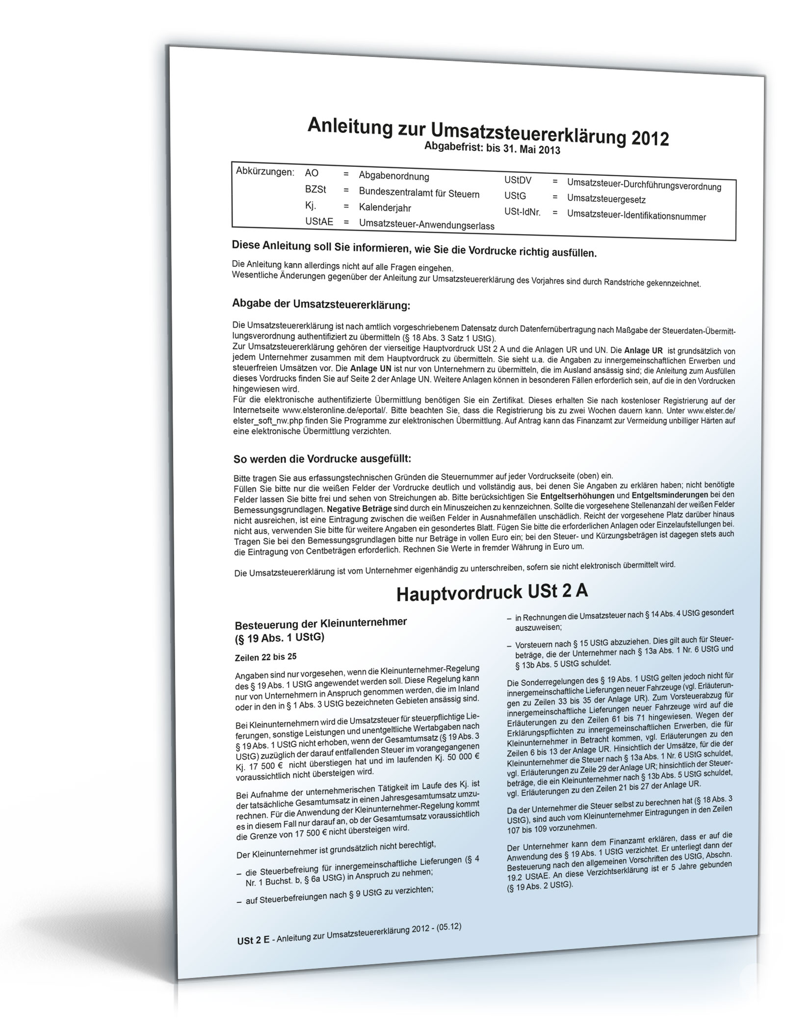 Anleitung zur Umsatzsteuererklärung 2012 Dokument zum Download