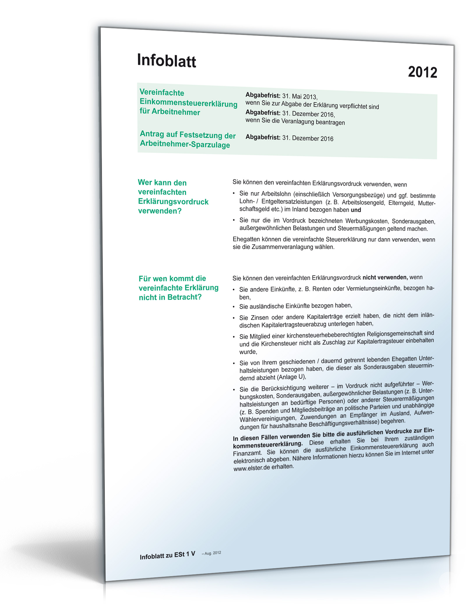 Anleitung vereinfachte Einkommensteuererklärung 2012 Dokument zum Download