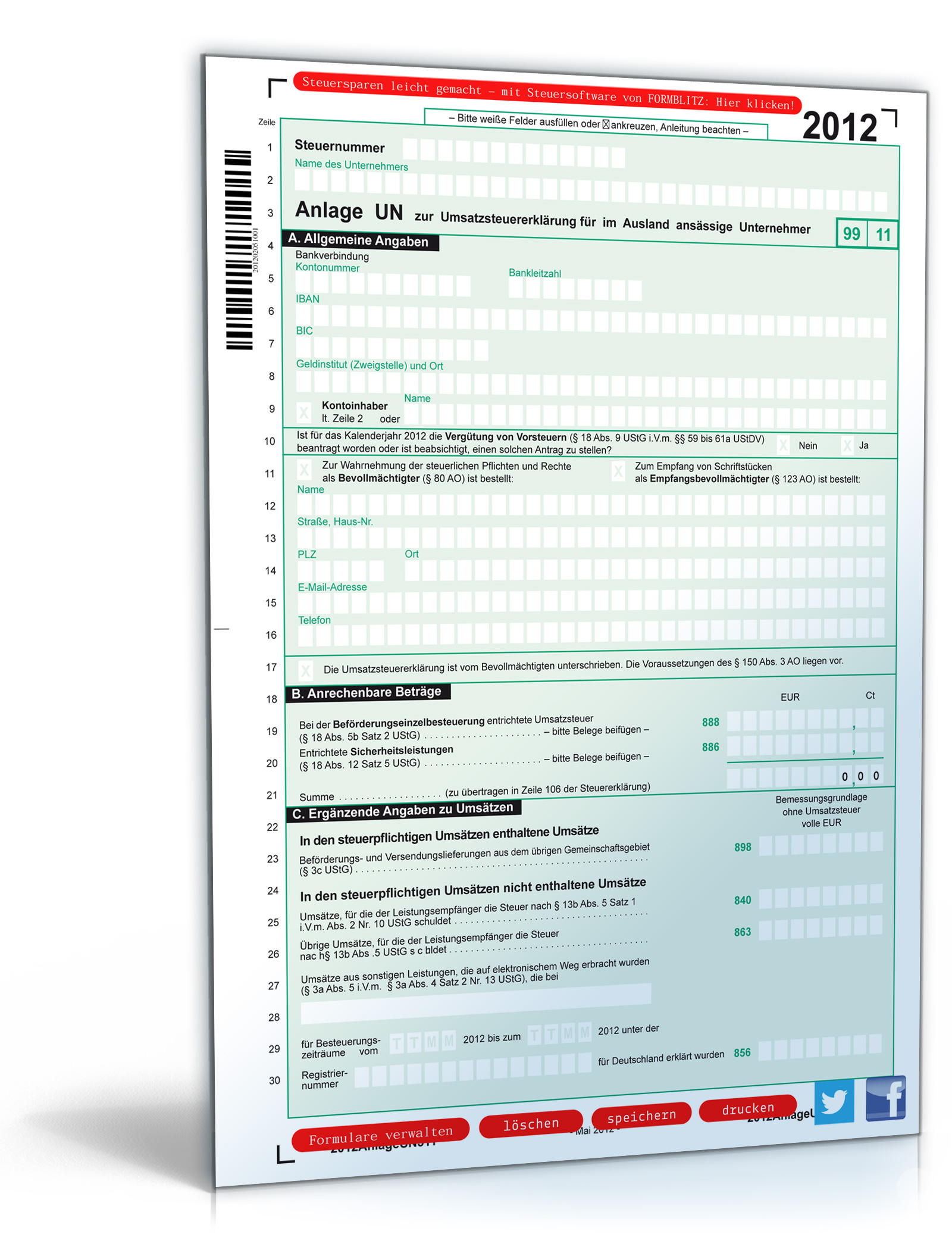 Anlage UN zur Umsatzsteuererklärung 2012 Dokument zum Download