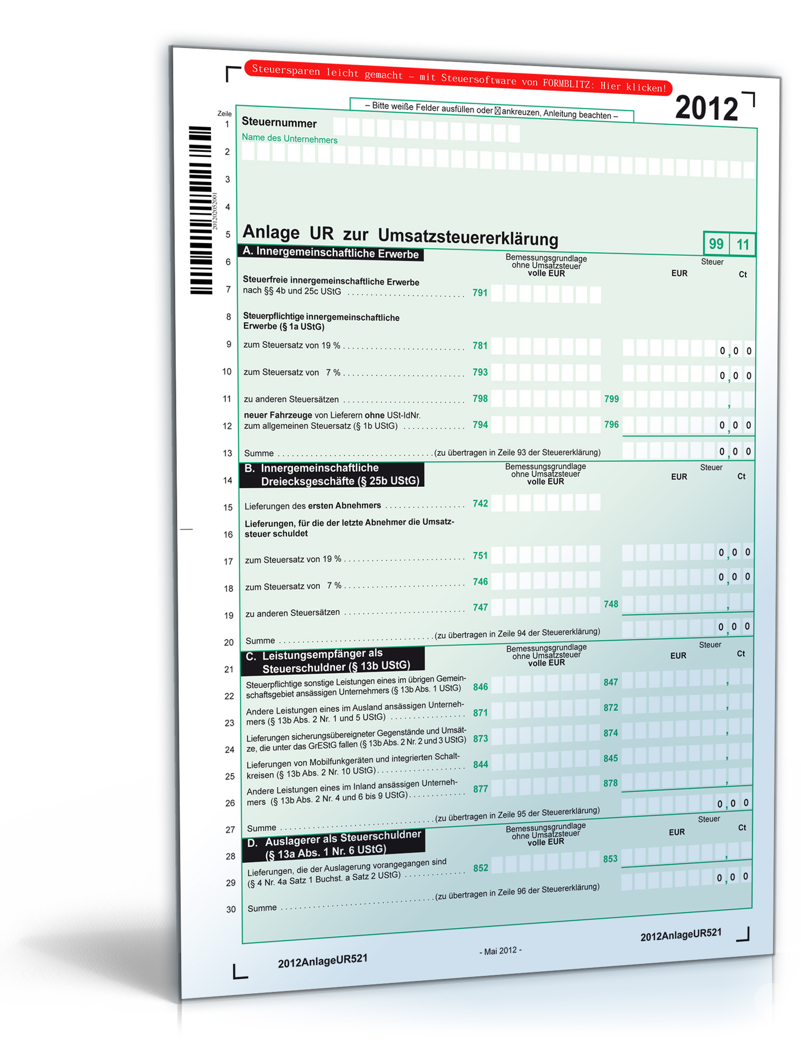 Anlage UR zur Umsatzsteuererklärung 2012 Dokument zum Download