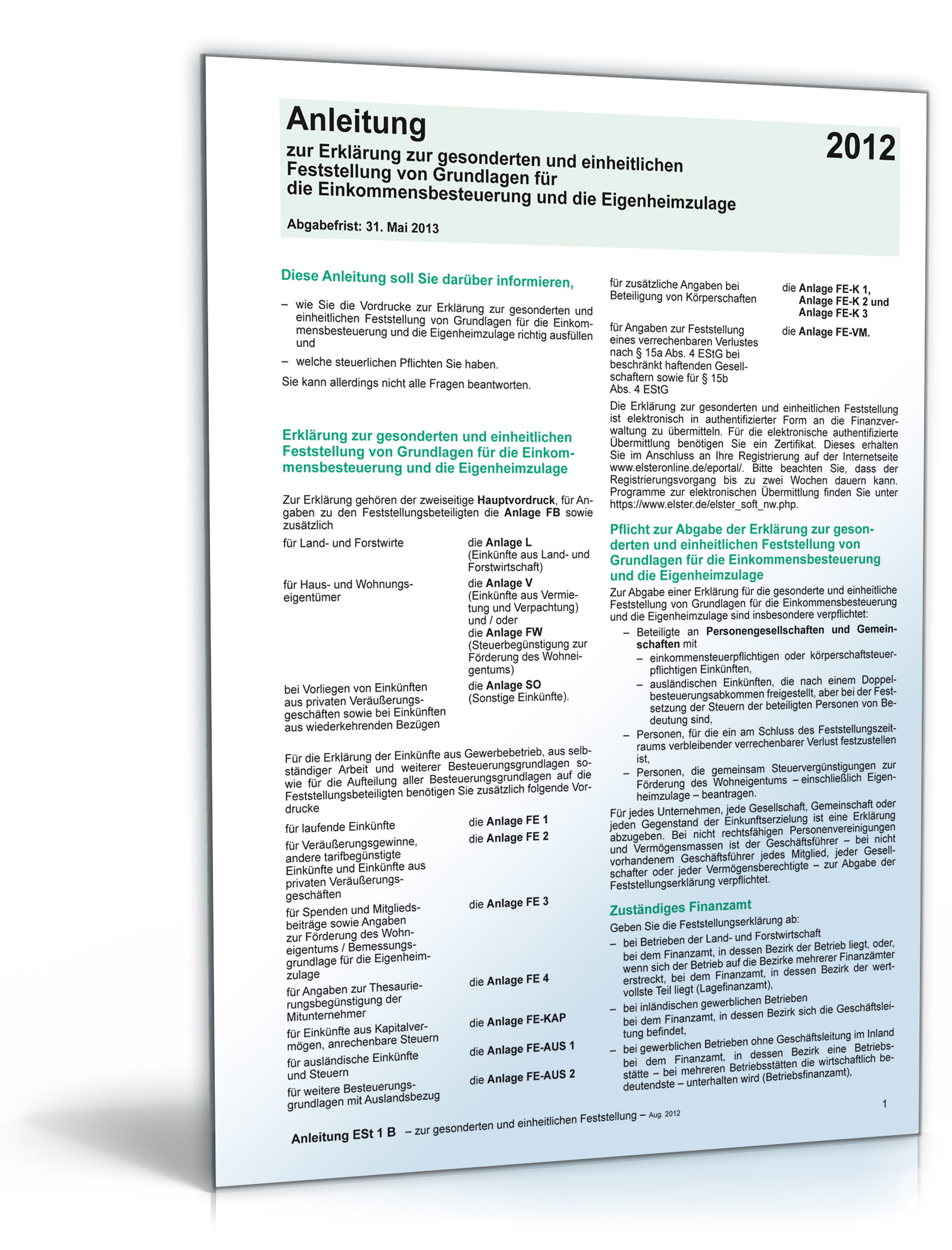 Anleitung zur Erklärung zur gesonderten und einheitlichen Feststellung von Grundlagen Dokument zum Download