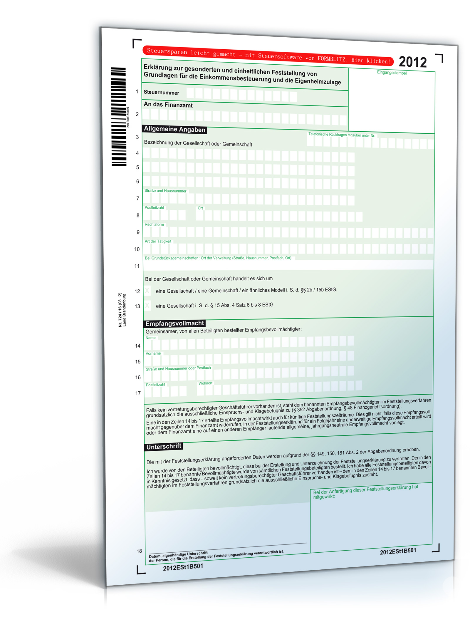 Erklärung zur gesonderten und einheitlichen Feststellung von Grundlagen Dokument zum Download