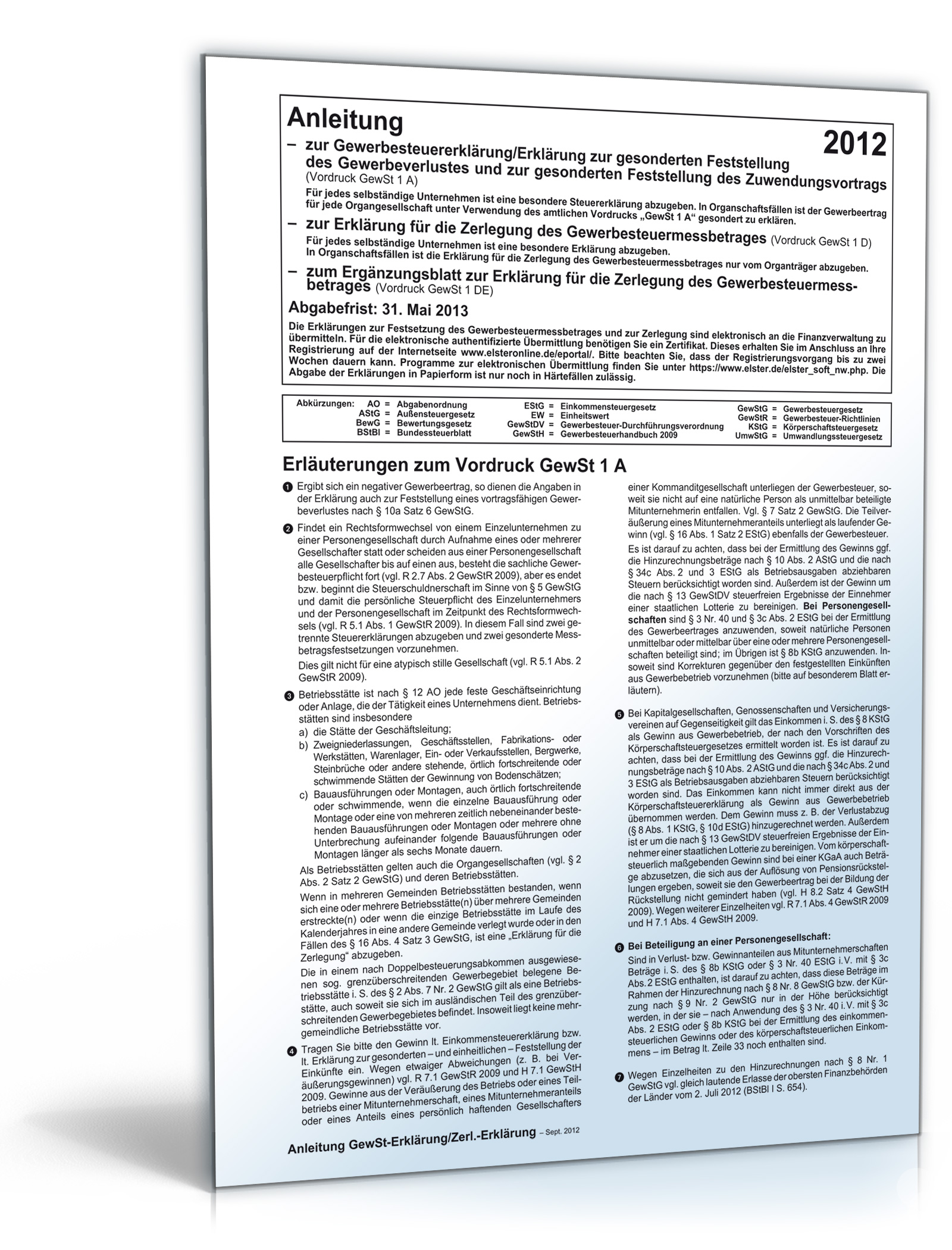 Anleitung zur Gewerbesteuererklärung 2012 Dokument zum Download